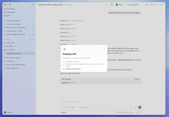 OpenAI发布桌面版本的编程助手：Codex app，图形化界面简洁美观，但目前仅支持mac os，用户可以限时免费使用Codex一个月