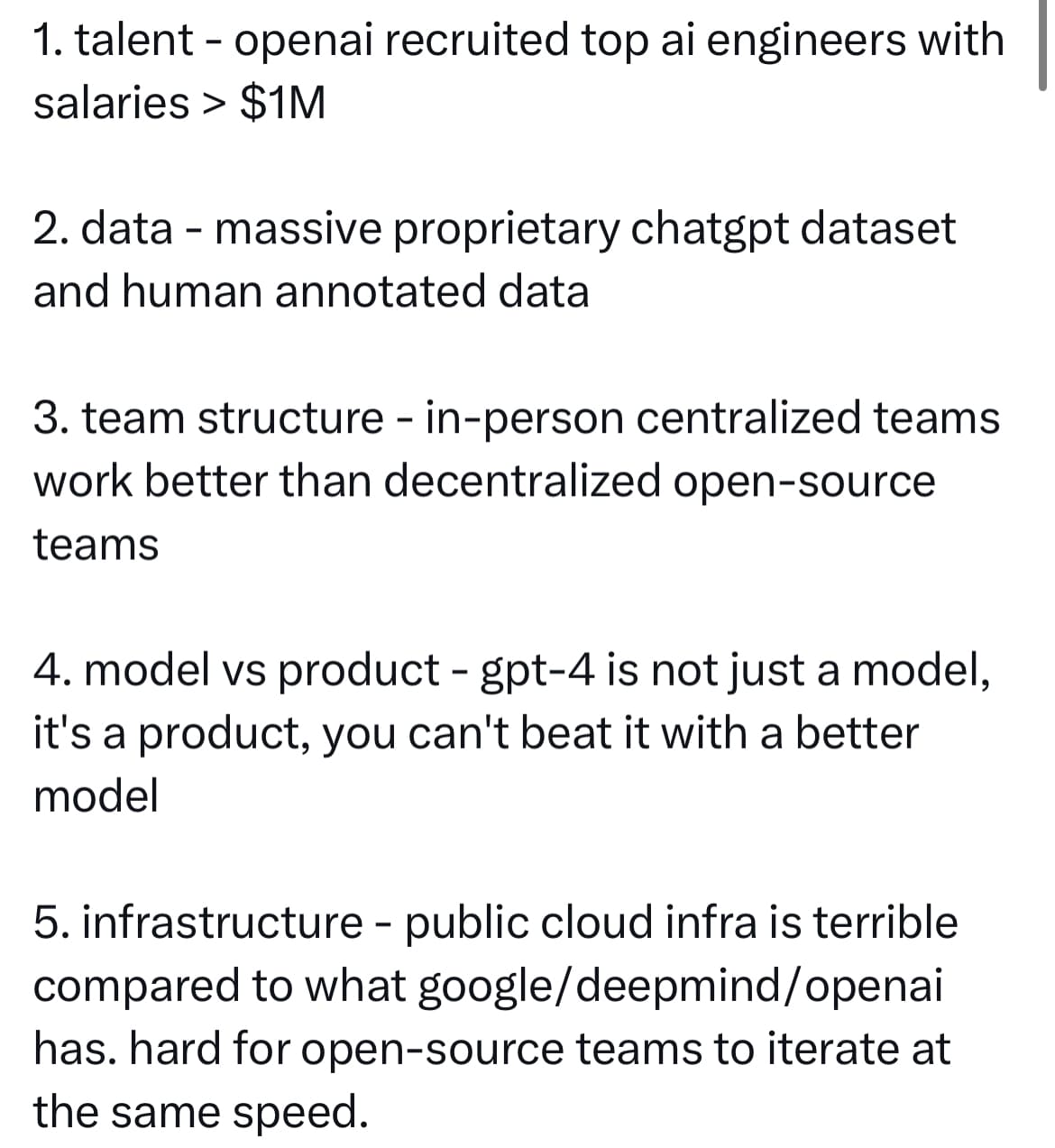 Google前AI研究人员认为2024年可能不会出现能与GPT-4竞争的开源模型/产品