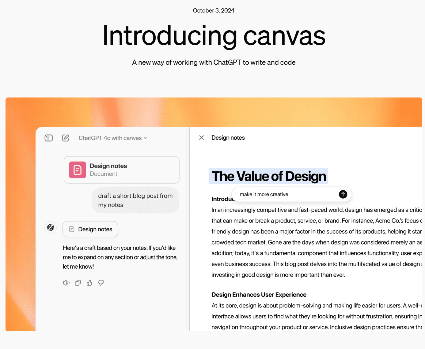 Claude Artifacts的复制?OpenAI发布ChatGPT协作新组件:Canvas,让你与ChatGPT共同处理写作与编程问题!