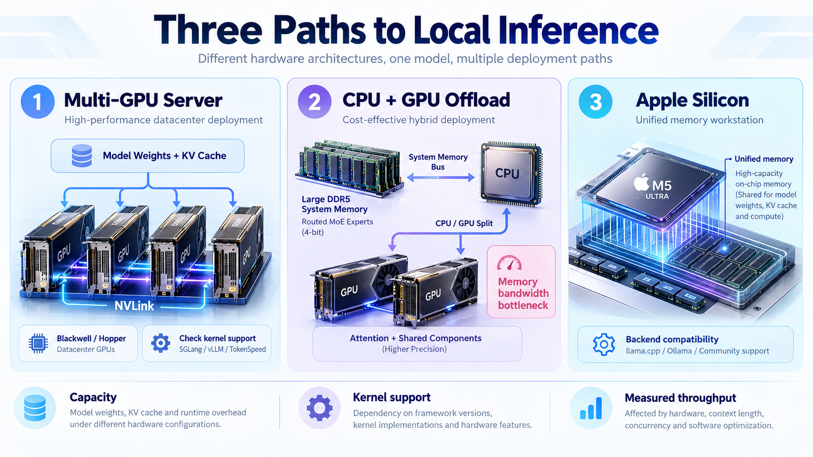 本地推理的三条路径:多 GPU 数据中心服务器、CPU+GPU 异构卸载、Apple Silicon 统一内存