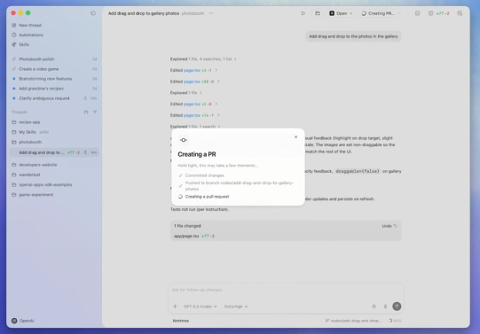 OpenAI发布桌面版本的编程助手：Codex app，图形化界面简洁美观，但目前仅支持mac os，用户可以限时免费使用Codex一个月
