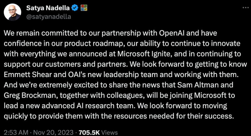 OpenAI最新动向，Sam不再回归OpenAI，与Greg一起进入微软！OpenAI新任CEO由Emmett Shear接任！